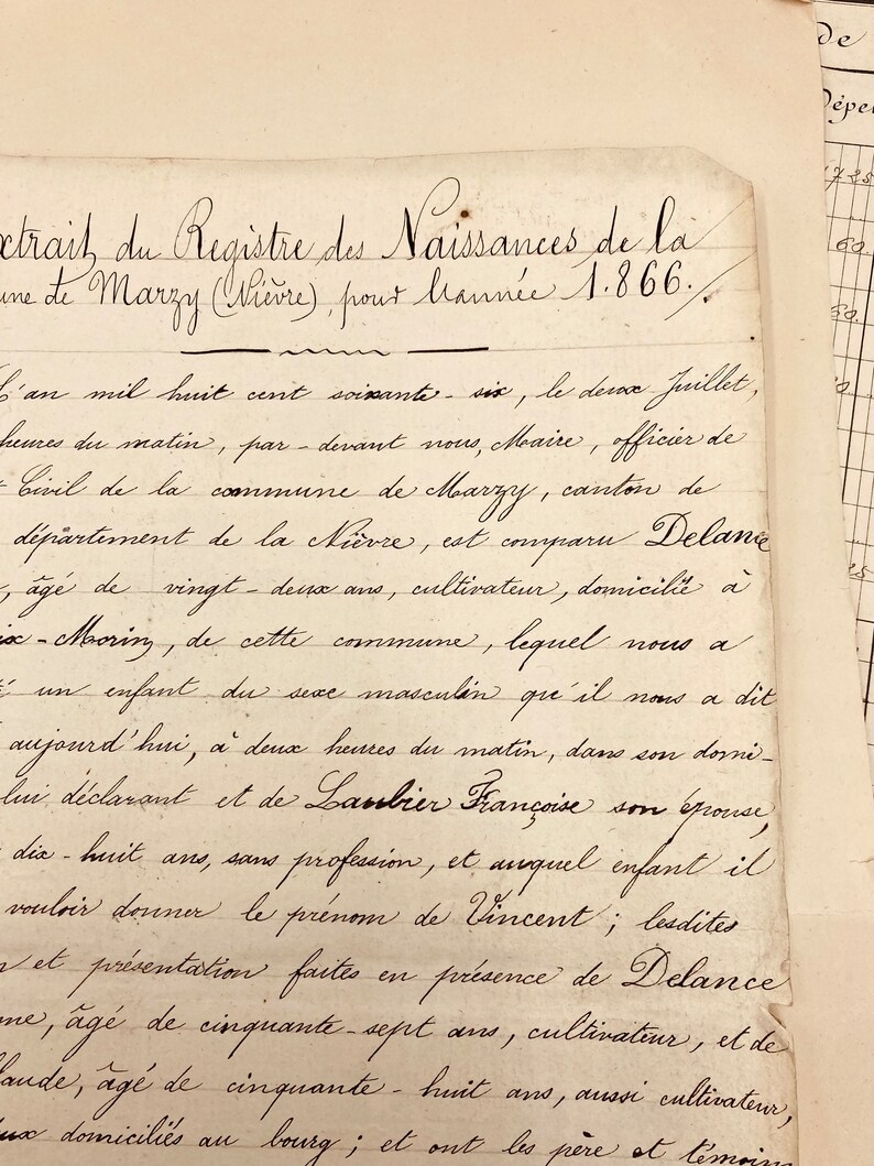 May include: A handwritten document in French, dated July 1866, records the birth of a baby boy named Vincent. The document details the parents' names, ages, and occupations, as well as the location of the birth.