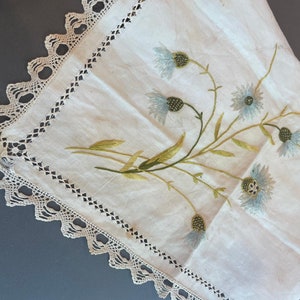 antique french linen handkerchief with floral intrincate embroidered. Delicate handmade doily. late 19th century textile