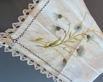 antique french linen handkerchief with floral intrincate embroidered. Delicate handmade doily. late 19th century textile