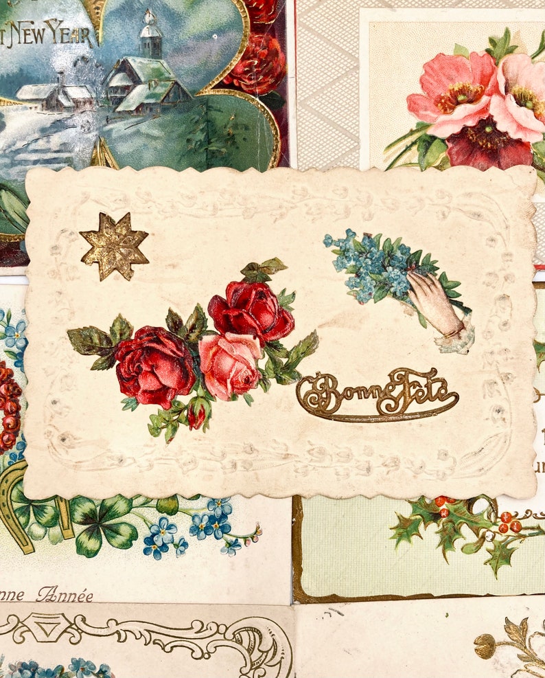 vintage french postcards bundle with decorative cut filigrees, antique calligraphy, gold embossing. early 20th. a must-have for collectors image 7