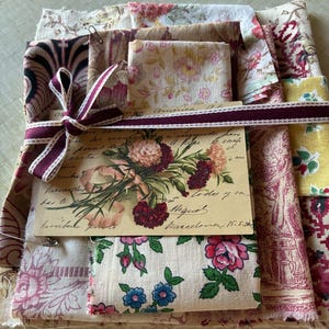 Antique Fabric Scrap Bundle - 10 Coordinated French Textile Pieces, 1890s–1940s