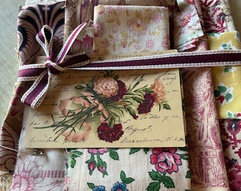Antique Fabric Scrap Bundle - 10 Coordinated French Textile Pieces, 1890s–1940s