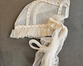 Handmade organza and silk Baby Cap antique french Baptism Bonnet with silk ribbons. Fashion Collectors or doll makers. Vintage charm