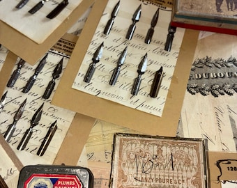 Set of 8 Antique calligraphy pen nibs - Unused Calligraphy Writing Tips (Late 19th Century)