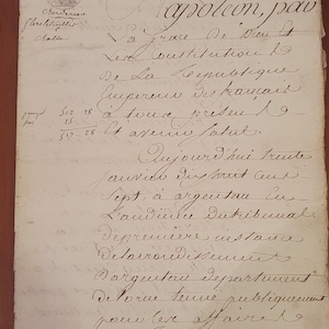 Antico documento notarile francese scritto a mano nel 1804, su carta di cotone fatta a mano. Atto notarile. Antica calligrafia francese. Ephemera Junk journal
