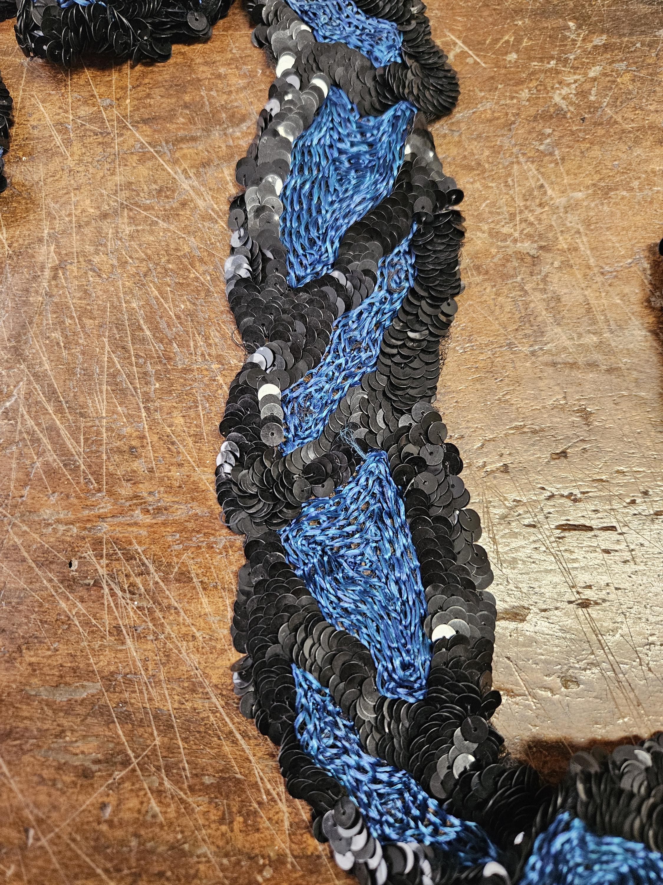 Vintage french applique. Electric blue and black colors. early 20th century. junk journal, doll dress, pen pal. Antique charm