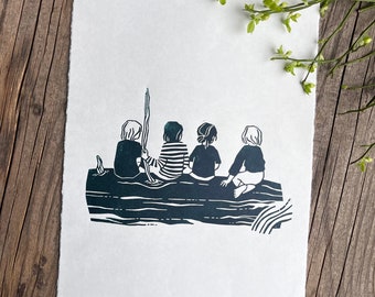 Original Linoldruck „Kinder im Wald“ A4 grünschwarz, Kinderzimmer Dekoration mit Waldmotiv,Geschenk für Erzieher im Waldkindergarten