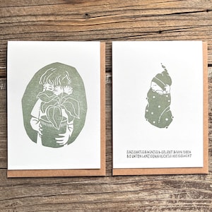 Conjunto de 2 cartões de arte, cartões de felicitações, impressão original em linóleo "Parabéns" feito à mão, verde salva