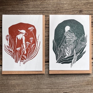 Ensemble de 2 cartes de vœux d’art, impression lino originale faite à la main « Meadow »