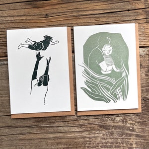 Set van 2 kunstkaarten, wenskaarten originele linosnede "Papa en kind - Veiligheid" handgemaakt, saliegroen