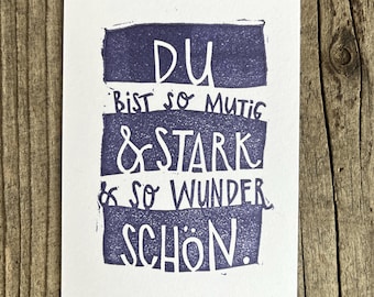 Linoldruck original handgefertigte Mini-Karte, Mutmacher Geschenk für Kinder oder Erwachsene, lila