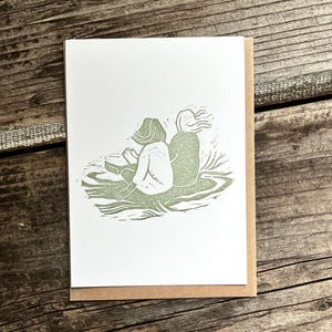 Biglietto d'auguri artistico, stampa originale in linoleografia "Sono qui per te", fatto a mano, verde salvia, regalo unico per un amico.