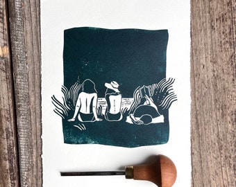 Original linocut print "Friends by the Sea", A5 dark green, unique gift for friends, women on the beach print