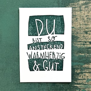Mini card originale realizzata a mano in linoleum, regalo incoraggiante per bambini o adulti, verde-nero