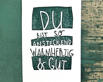 Linoldruck original handgefertigte Mini-Karte, Mutmacher Geschenk für Kinder oder Erwachsene, grünschwarz