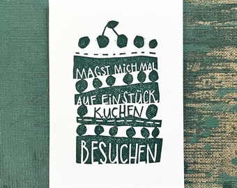 Linocut original handmade mini card, encouraging gift for children or adults, green-black