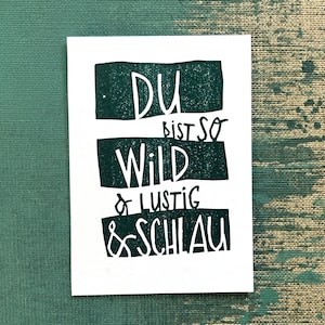 Mini card originale fatta a mano in linoprint, regalo di incoraggiamento per bambini o adulti, verde nero