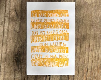 Linoldruck original handgefertigte Mini-Karte, Mutmacher Geschenk für Kinder oder Erwachsene, orange