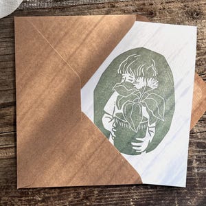 Tarjeta de felicitación con diseño artístico, impresión linograbado original "Maceta" hecha a mano, verde salvia, regalo, con sobre