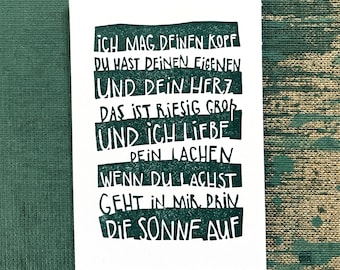 Linocut original handmade mini card, encouraging gift for children or adults, green-black