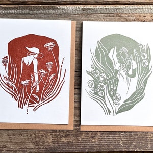 Conjunto de 2 tarjetas artísticas de felicitación, impresión linográfica original hecha a mano "Prado"