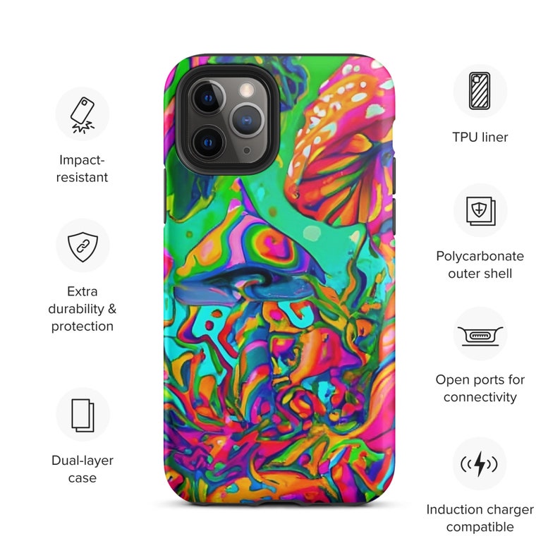 Peut inclure: Une coque de t&eacute;l&eacute;phone color&eacute;e avec un design abstrait psych&eacute;d&eacute;lique. La coque est faite d'un mat&eacute;riau double couche avec une doublure en TPU et une coque ext&eacute;rieure en polycarbonate. Elle est r&eacute;sistante aux chocs et offre une durabilit&eacute; et une protection suppl&eacute;mentaires. La coque a des ports ouverts pour la connectivit&eacute; et est compatible avec les chargeurs &agrave; induction.