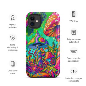 Peut inclure: Une coque de t&eacute;l&eacute;phone color&eacute;e avec un motif de champignons psych&eacute;d&eacute;liques. La coque est faite d'un mat&eacute;riau durable et r&eacute;sistant aux chocs et est compatible avec la charge sans fil.