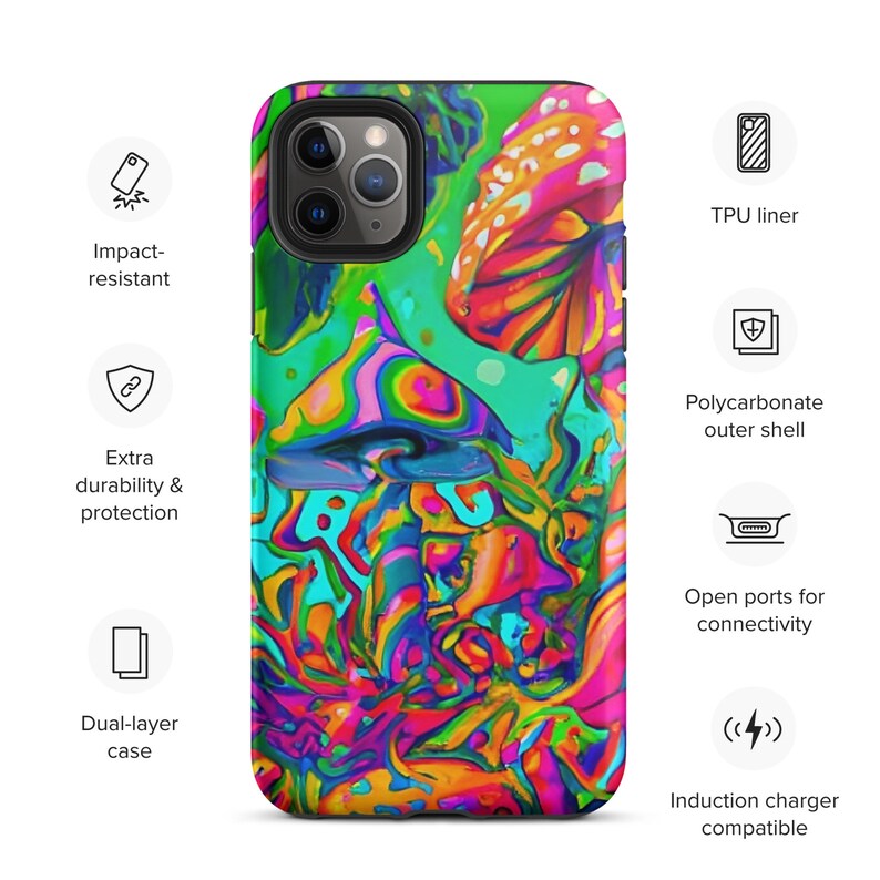Peut inclure: Une coque de t&eacute;l&eacute;phone color&eacute;e avec un motif de champignon psych&eacute;d&eacute;lique. La coque est faite d'un mat&eacute;riau double couche avec une doublure en TPU et une coque ext&eacute;rieure en polycarbonate. Elle est r&eacute;sistante aux chocs et offre une durabilit&eacute; et une protection suppl&eacute;mentaires. La coque a des ports ouverts pour la connectivit&eacute; et est compatible avec les chargeurs &agrave; induction.