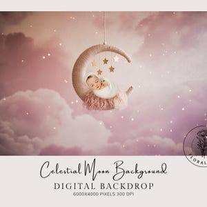 May include: A newborn baby sleeps peacefully on a crescent moon prop, suspended against a dreamy, pink and purple cloudy backdrop. The moon is made of woven material and adorned with hanging gold stars. The image is a digital backdrop with the text "Celestial Moon Background".