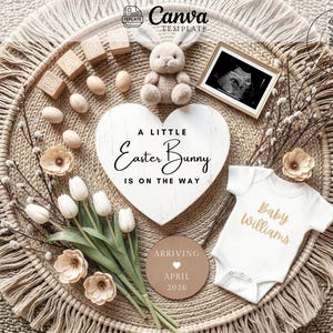 May include: A heartwarming announcement featuring a white onesie with "Baby Williams" in gold script, a framed ultrasound, and a plush bunny. The text "A Little Easter Bunny Is On The Way" is displayed on a heart-shaped sign, with "Arriving April 2026" on a circular tag.