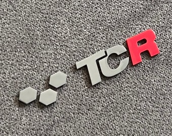VW Golf GTI TCR emblem, logo two-tone pure gray / tornado red