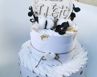 Torta di pannolini in oro bianco, regalo per battesimo, Baby Shower, torta di pannolini neutra