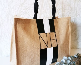 with initials Gift for Mother's Day JGA Bridal Shower Farewell Gift Teacher Educator Personalized Jute Bag Black Stripes NATURAL BLACK