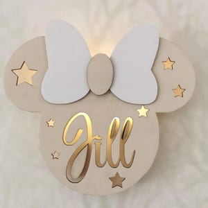 Minnie wall lamp, personalized wooden lamp, children&#39;s room lamp, wall lamp, children&#39;s wall lamp. LED light warm white