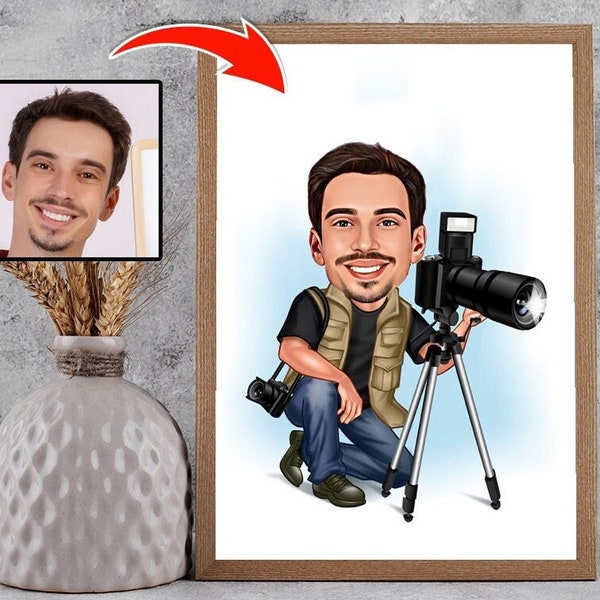 Portrait caricature de photographe dessin à partir d'une photo, cadeau photographe drôle pour homme, photographe de famille, photographe masculin cadeau de remerciement