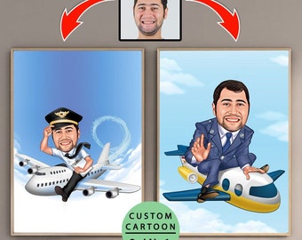 Caricature de pilote, Portrait de pilote, Caricature à partir d'une photo, Portrait numérique, Cadeaux pilote, Portrait caricature, Idée cadeau pilote, Cadeaux aviation