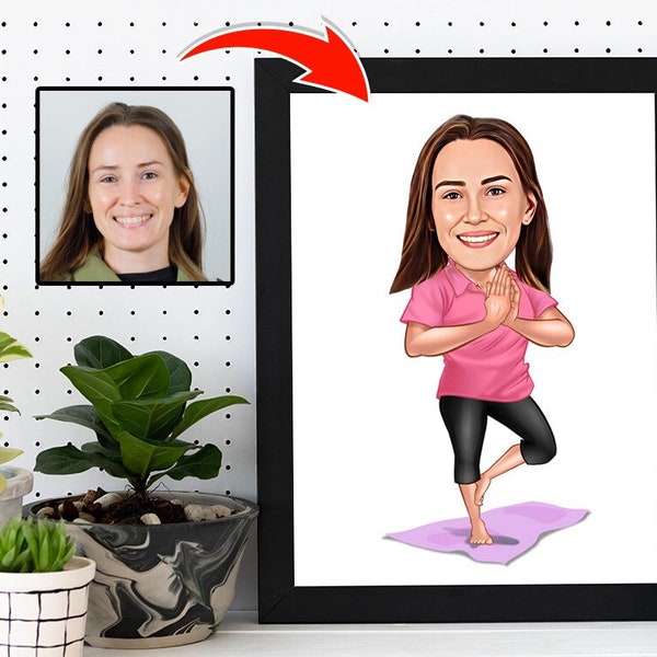 Yoga Cartoon Portrait from Photo, Funny Yoga Gift for Women, Yoga Caricature, Yoga Instructor Gift, Yoga Mom Gift, Female Yoga Teacher Gift