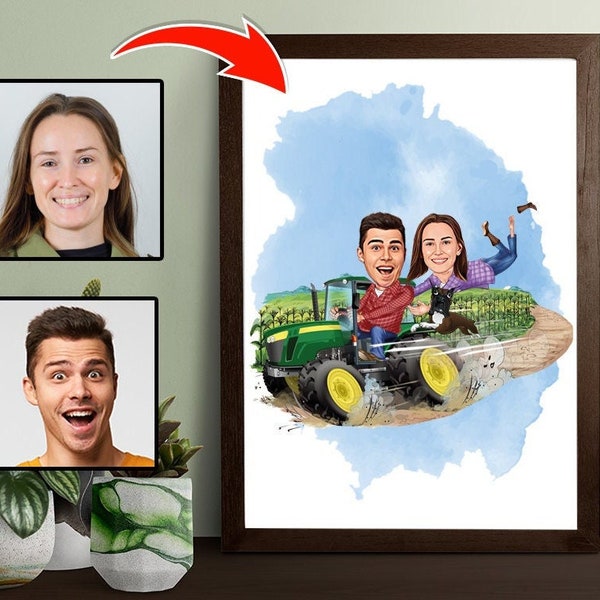 Dibujo de retrato de dibujos animados de pareja de granjeros personalizado de la foto, dibujo de retrato de caricatura de pareja de granjeros románticos, regalo divertido para pareja de granjeros