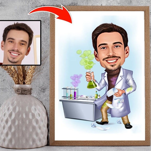 Chemieingenieur Karikatur vom Foto, lustige Chemie Geschenk für Männer, Chemie Wand Kunst druckbar, Chemie Digital Art, Chemie Grade