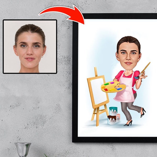 Painter Caricature Drawing from Photo, Funny Artist Gift for Women, Paint Artist Gift for Women, Painter Birthday, Artist Cartoon from Photo