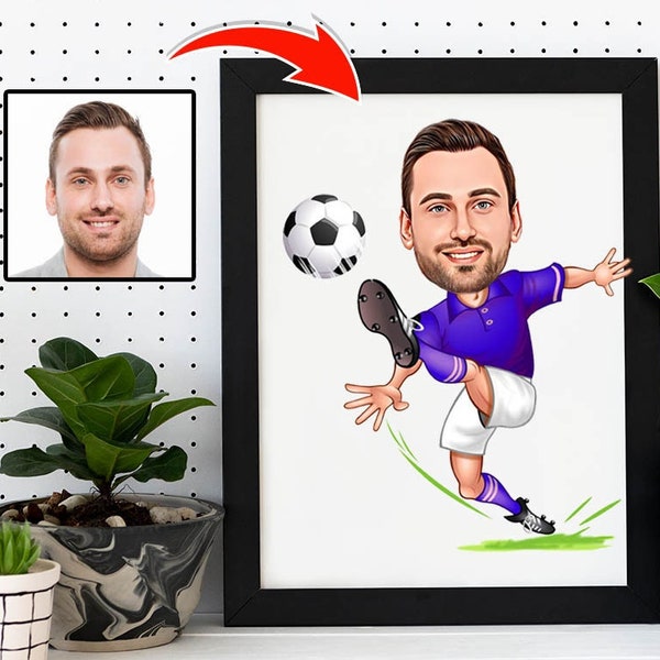 Fußball-Spieler-Geschenk, Fußball-Spieler-Karikatur vom Foto, lustige Fußball-Spieler-Karikatur-Zeichnung, Fußball-Spieler-Digital-Porträt für Männer