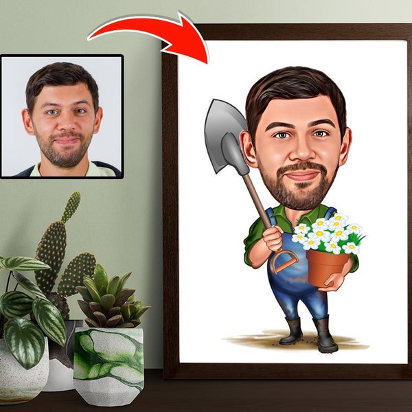 Gardener Caricature Drawing from Photo, Funny Gardening Gift for Men, Gardening Digital Cartoon, Gardening Lover Gift, Gardener Birthday