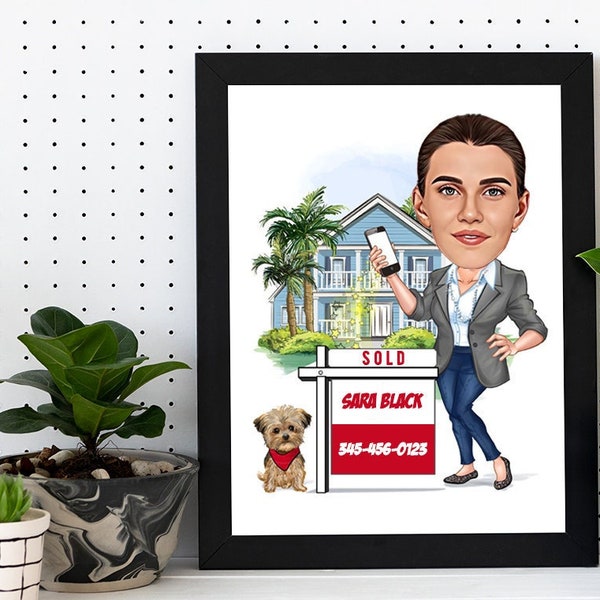 Cadeau d’agent immobilier pour les femmes, caricature d’agent immobilier personnalisée à partir d’une photo, cadeau drôle d’agent de vente immobilière, portrait de dessin de dessin animé d’agent immobilier féminin