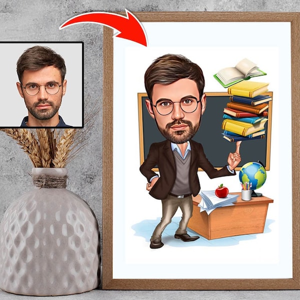 Cadeau professeur pour homme, caricature de professeur de sexe masculin à partir de la photo, art drôle de professeur, portrait drôle de cadeau de professeur, dessin de bande dessinée de professeur unique