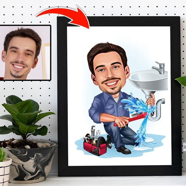 Plumber Caricature Drawing from Photo, Funny Plumber Gift for Men, Plumber Retirement Gift, Plumber Poster, Plumbing Art, Plumber Cartoon