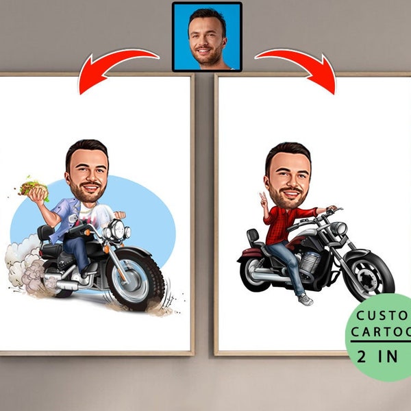 Personalized Motorcyclist Cartoon Portrait, Motorcyclist Portrait, Gift for Motorcyclist, Motorcyclist Caricature, Caricature from Photo