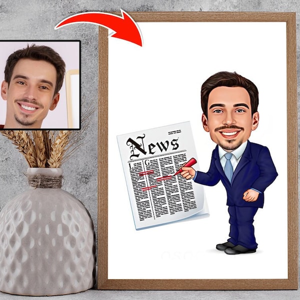Journalist Cartoon Drawing from Photo, Funny Journalist Gift for Men, Journalist Dad, Journalist Caricature Artwork, Journalism Gift Ideas