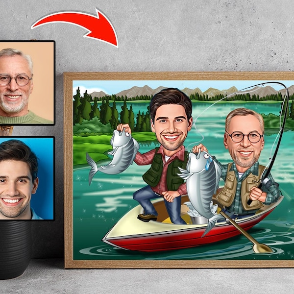 Custom Fishing Buddy Cartoon Portrait, Fishing Caricature, Gift for Fisherman, Fisherman Gift, Fisherman Cartoon from Photo, Fishing Buddy