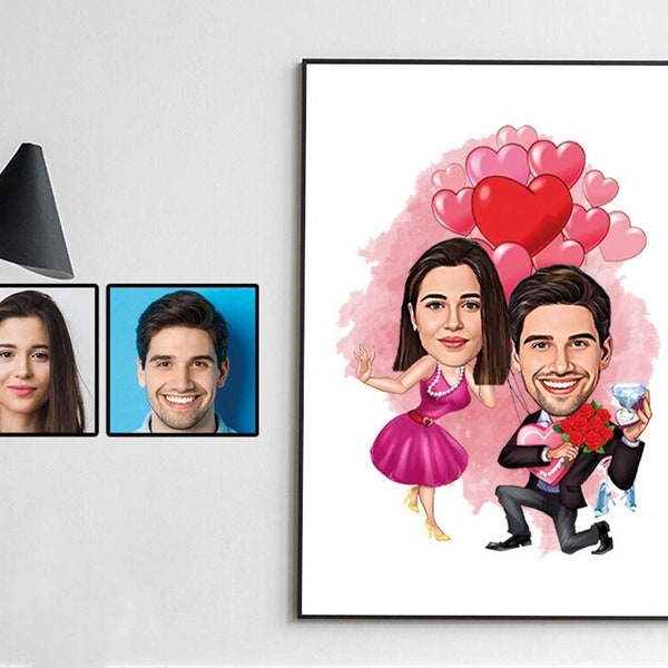 Custom Marriage Cartoon Portrait Drawing from Photo, Romantic Marriage proposal Couple Caricature Portrait Drawing, Funny Gift for Marriage