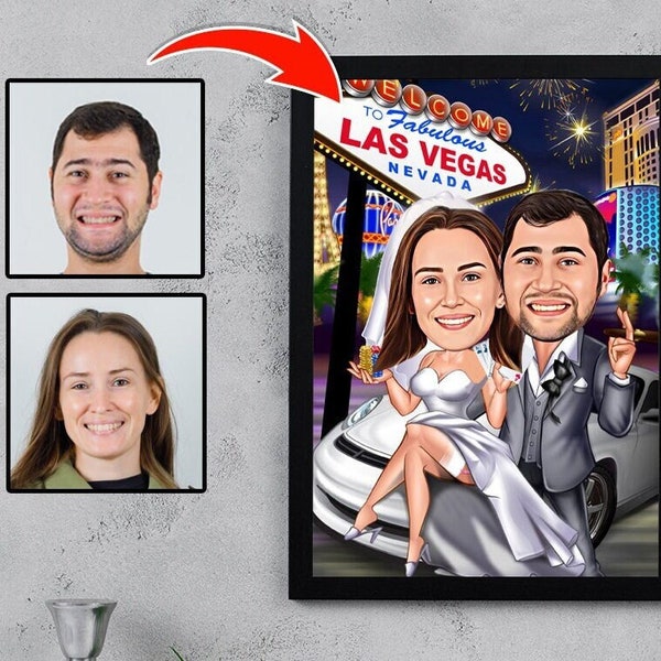 Personalized Married Couple in Vegas Cartoon Custom Caricature Las Vegas Marriage Caricature,Digital Caricature Wedding Day Gift From Photo